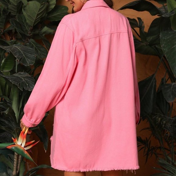 Pink Boho Womens Ripped Raw Hem Denim Coat - Picture 2 of 5